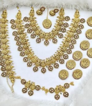 Multi-Color Stone & Pearls Temple Design Matte Finish Bridal Jewelry Set