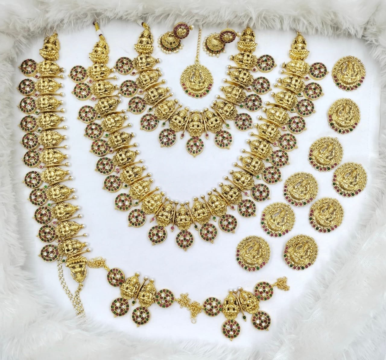 Multi-Color Stone & Pearls Temple Design Matte Finish Bridal Jewelry Set Multi-Color Stone & Pearls Temple Design Matte Finish Bridal Jewelry Set