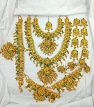 Temple Design Green Stone Matte Finish Bridal Jewelry Set