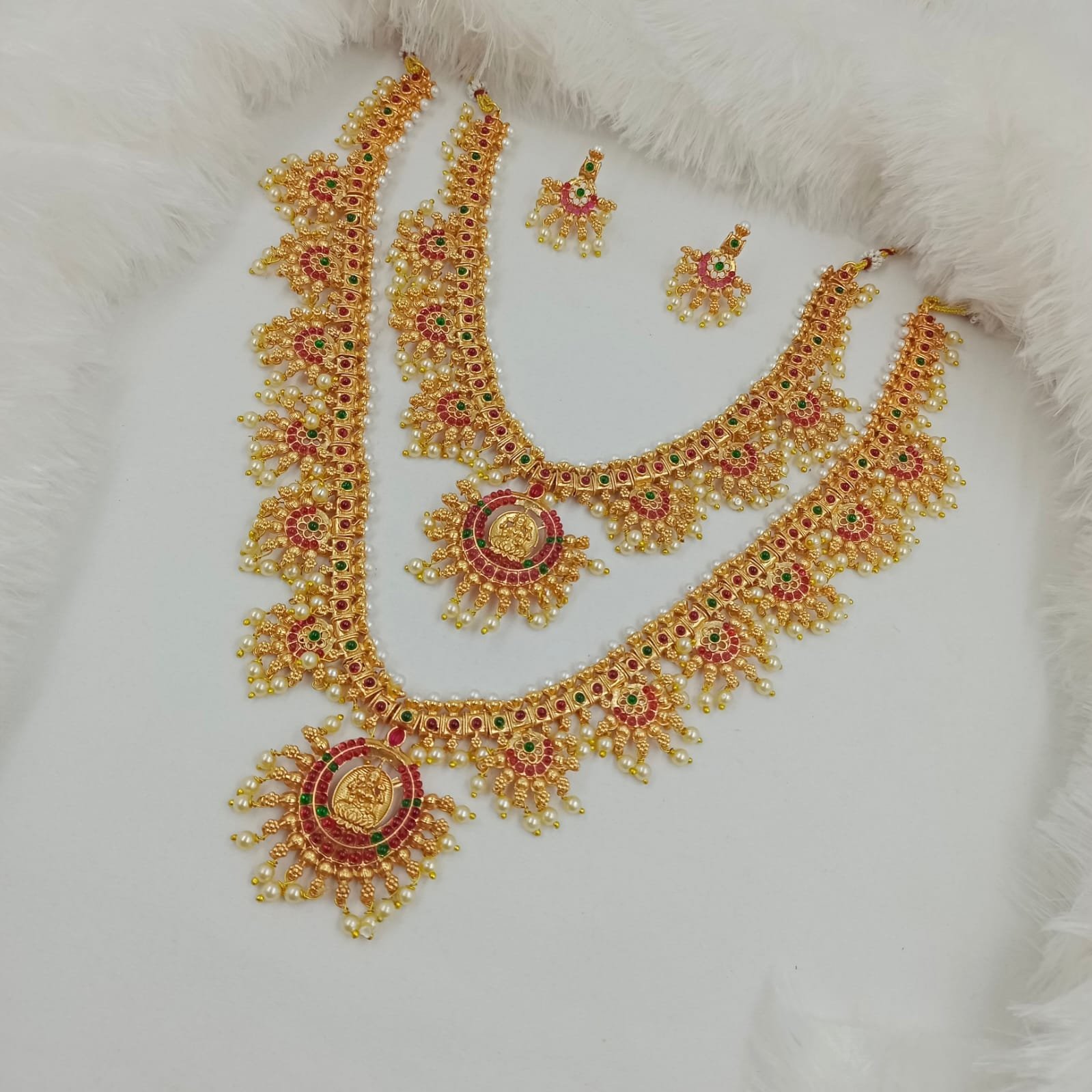 WhatsApp Image 2024-11-02 at 4.48.36 PM Multi Color, Pearls Beaded, Temple Design Matte Finish Combo Set